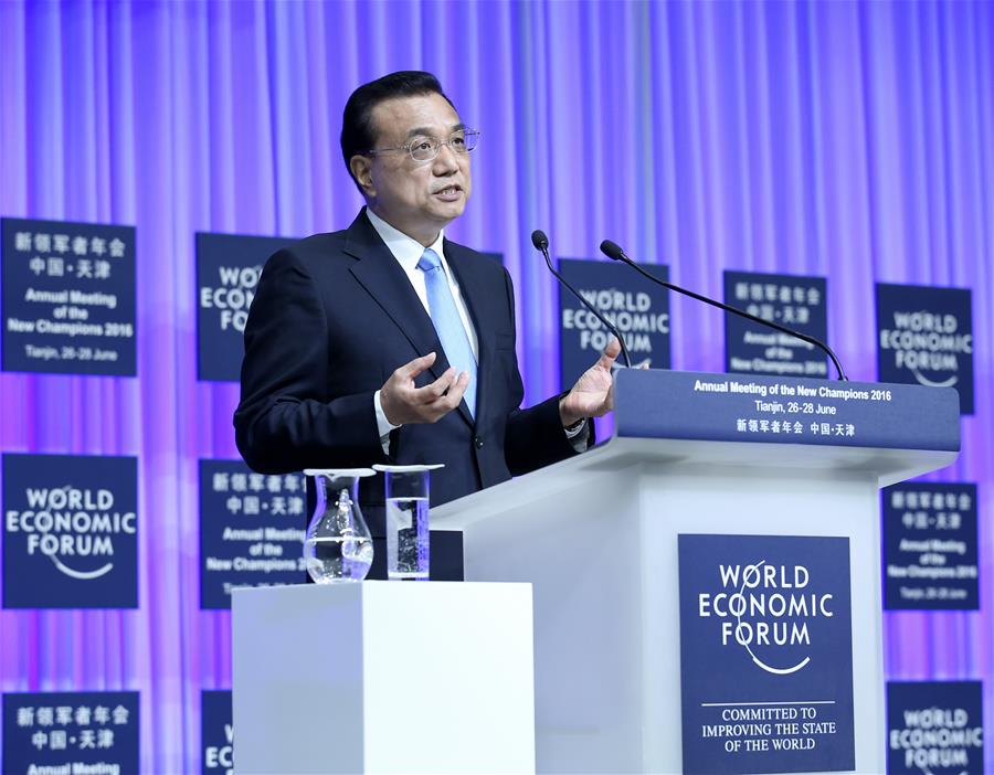Chinese Premier Li Keqiang addresses the opening ceremony of the Annual Meeting of the New Champions 2016
