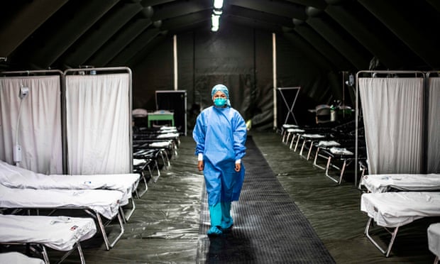 20200228 PERU A specialist walks inside a mobile unit set up by the Peruvian Ministry of Health as a preventive measure at the Hipolito Unanue Hospital in Lima on February 27 2020