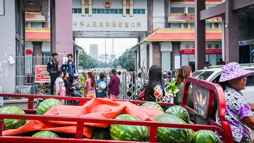 Watermelons in front of Myanmars border with China in Muse 2