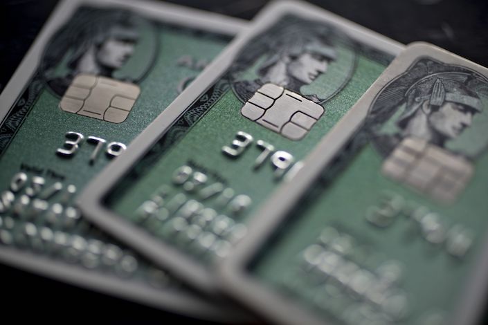 American Express Co. chip credit cards are arranged for a photograph in Washington