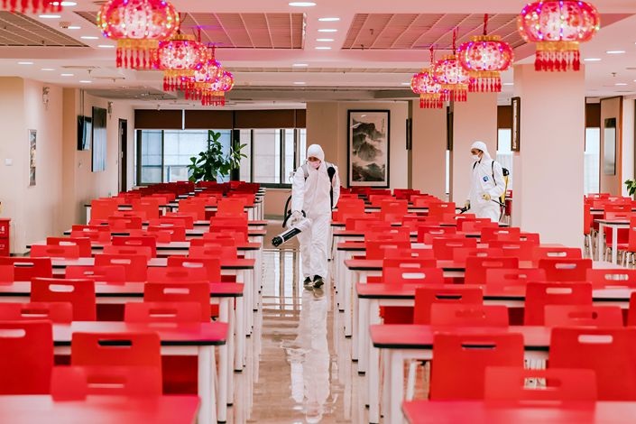 A banks canteen is disinfected in Dalian Liaoning province