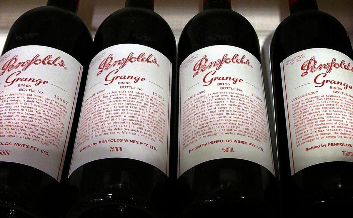Bottles of Penfolds Grange made by Australian wine maker Penfolds and owned by Australias Treasury Wine Estates sit on a shelf for sale at a wine shop in central Sydney