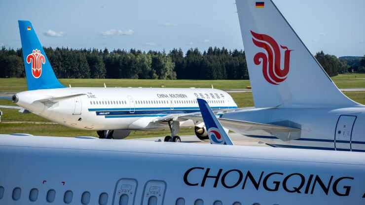 An Airbus A320neo aircraft built for the airline China Southern will be towed to a parking position at Rostock Laage airport
