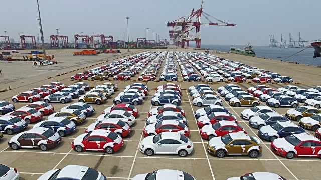 Aerial View of New cars parked Tianjin Harbor