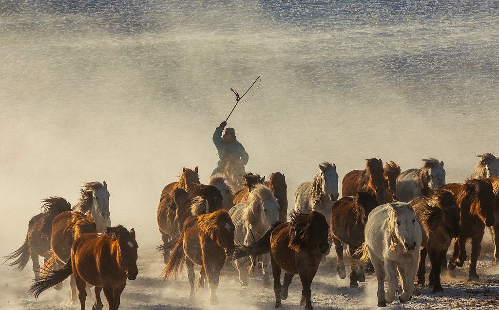 Herdsmen train horses on a snowfield in Chifeng Inner Mongolia autonomous region