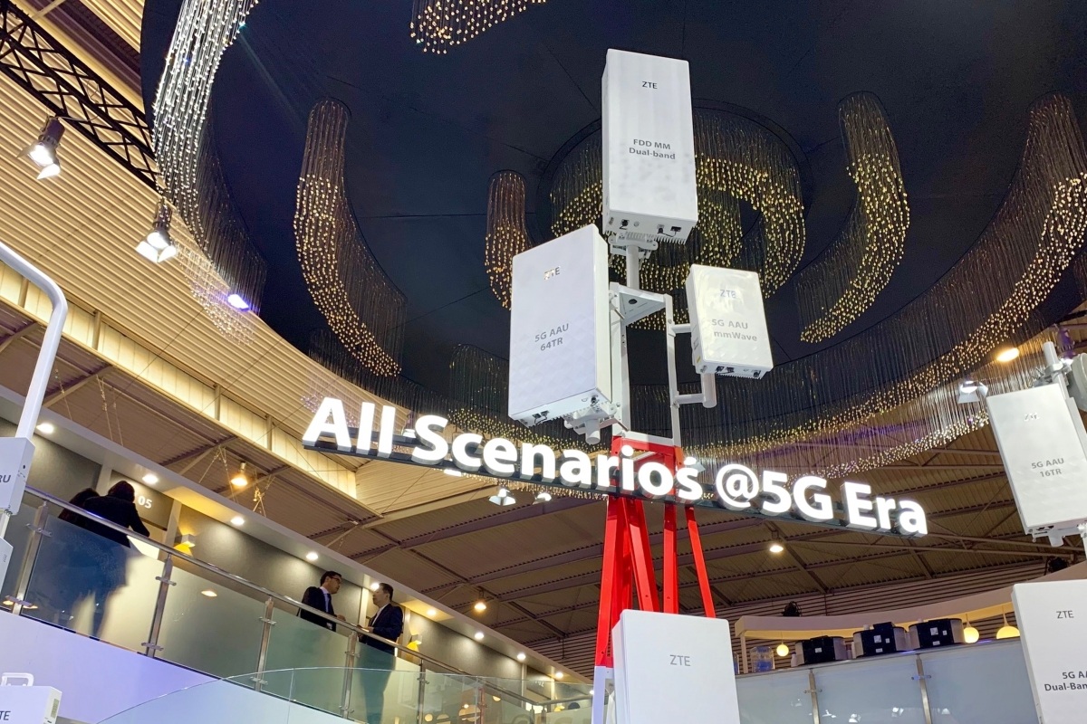 Telecommunications equipment maker ZTE Corp displays its range of 5G mobile base stations inside its booth at MWC Barcelona