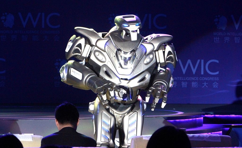 An intelligent robot dances at the third World Intelligence Congress in Tianjin