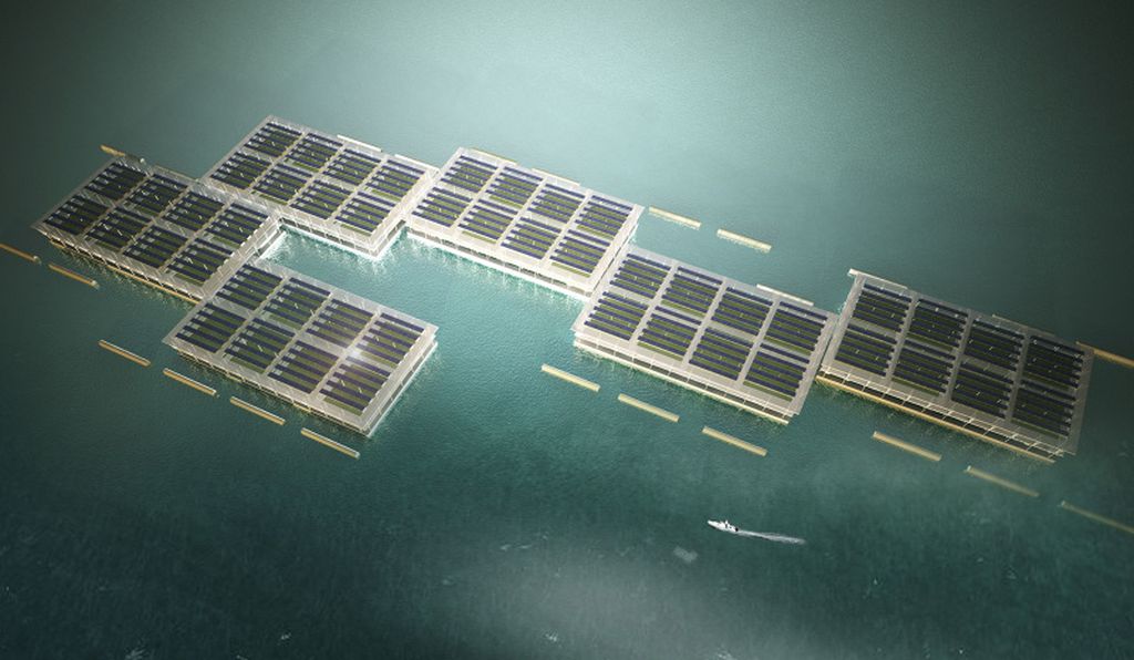 Much of the power needed for the floating farm would come from rooftop solar arrays